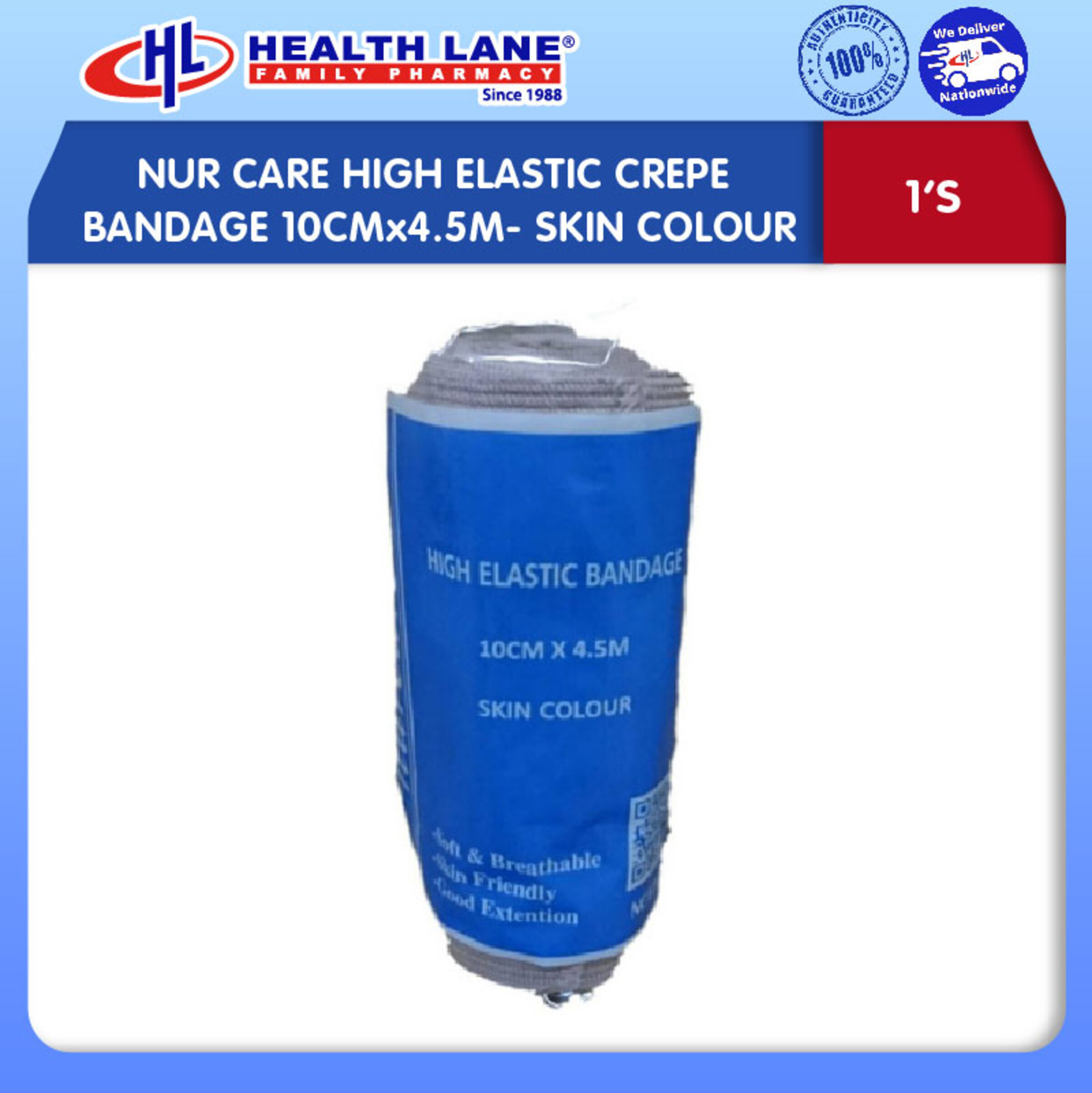 NUR CARE HIGH ELASTIC CREPE BANDAGE 10CMx4.5M- SKIN COLOUR 